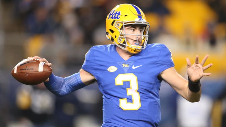 Nov 9, 2017; Pittsburgh, PA, USA;  Pittsburgh Panthers quarterback Ben Dinucci (3) passes against the North Carolina Tar Heels during the second quarter at Heinz Field. Mandatory Credit: Charles LeClaire-USA TODAY Sports