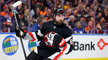 Mar 10, 2025; Buffalo, New York, USA;  Buffalo Sabres right wing Alex Tuch (89) reacts after scoring a goal during the second period against the Edmonton Oilers at KeyBank Center. Mandatory Credit: Timothy T. Ludwig-Imagn Images