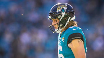 Dec 1, 2024; Jacksonville, Florida, USA; Jacksonville Jaguars quarterback Trevor Lawrence (16) walks back to the huddle against the Houston Texans in the first quarter at EverBank Stadium. 