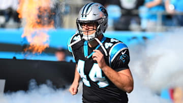 Nov 25, 2018; Charlotte, NC, USA; Carolina Panthers long snapper J.J. Jansen (44) runs on to the field before the game at Bank of America Stadium.