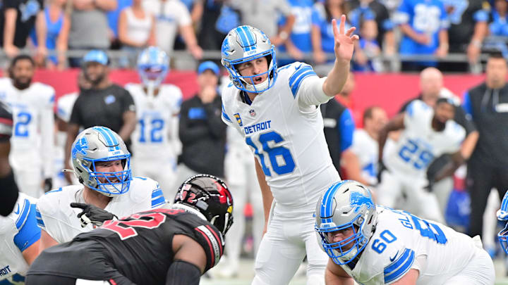 Goff signals to teammates in the first half against the Arizona Cardinals at State Farm Stadium. Goff signals to teammates in the first half against the Arizona Cardinals at State Farm Stadium.