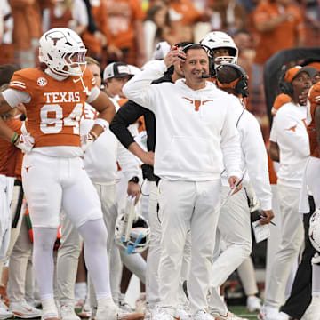 Nov 1, 2025; Austin, Texas, USA; Texas Longhorns head coach Steve Sarkisian reacts after a review does not go his way in the second half against the Vanderbilt Commodores at Darrell K Royal-Texas Memorial Stadium. Mandatory Credit: Scott Wachter-Imagn Images