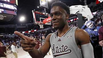Feb 21, 2024; Starkville, Mississippi, USA; Mississippi State Bulldogs guard Josh Hubbard (13) reacts toward fans after defeating the Mississippi Rebels at Humphrey Coliseum. Mandatory Credit: Petre Thomas-Imagn Images