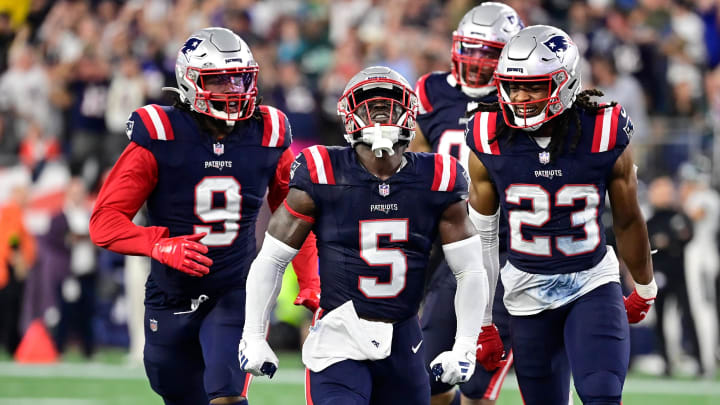 Sep 10, 2023; Foxborough, Massachusetts, USA; New England Patriots safety Jabrill Peppers (5) reacts to stopping a Philadelphia Eagles drive during the second half at Gillette Stadium. Mandatory Credit: Eric Canha-USA TODAY Sports