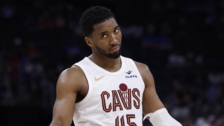 May 17, 2026; Detroit, Michigan, USA; Cleveland Cavaliers guard Donovan Mitchell (45) reacts during the second half against the Detroit Pistons during game seven of the second round of the 2026 NBA Playoffs at Little Caesars Arena. Mandatory Credit: Rick Osentoski-Imagn Images