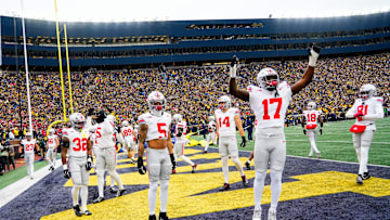 Ohio State Buckeyes look at fans before the NCAA football game between the Ohio State Buckeyes and the Michigan Wolverines at Michigan Stadium on Saturday, Nov. 29, 2025 in Ann Arbor, Michigan.
