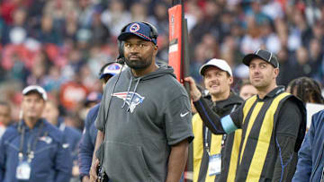 Oct 20, 2024; London, United Kingdom; New England Patriots coach Jerod Mayo in the game against the Jacksonville Jaguarsduring an NFL International Series game at Wembley Stadium. Mandatory Credit: Peter van den Berg-Imagn Images