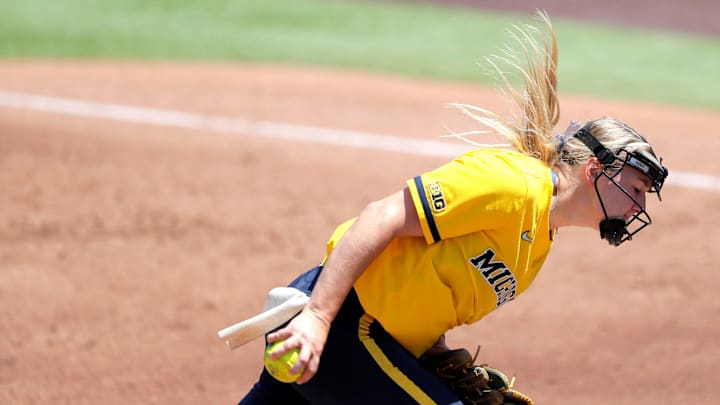 Michigan's Lauren Derkowski (18) pitches during a softball game between the Oklahoma State Cowgirls and Michigan in the finals of the Stillwater Regional of the NCAA Tournament, Sunday, May 19, 2024. Oklahoma State won 4-1.