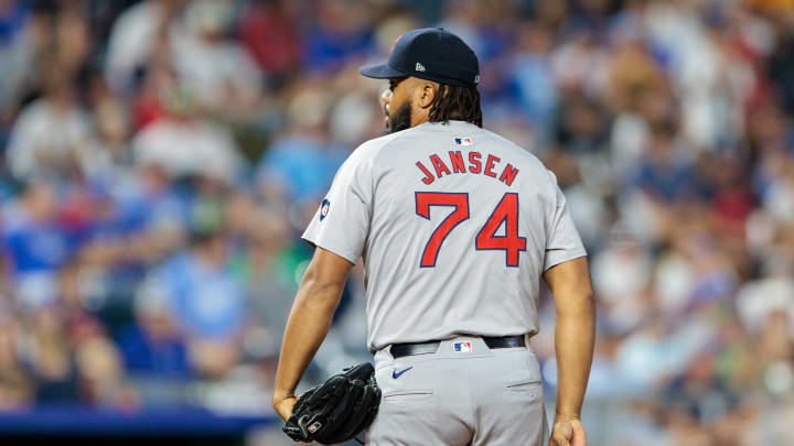 Boston Red Sox pitcher Kenley Jansen (74) pitches during the ninth inning against the Kansas City Royals at Kauffman Stadium on Aug. 6.