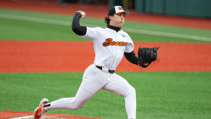 Oregon State's Aiden May (24) pitches the ball during an NCAA college baseball game against Oregon at Goss Stadium on Friday, April 26, 2024, in Corvallis, Ore.