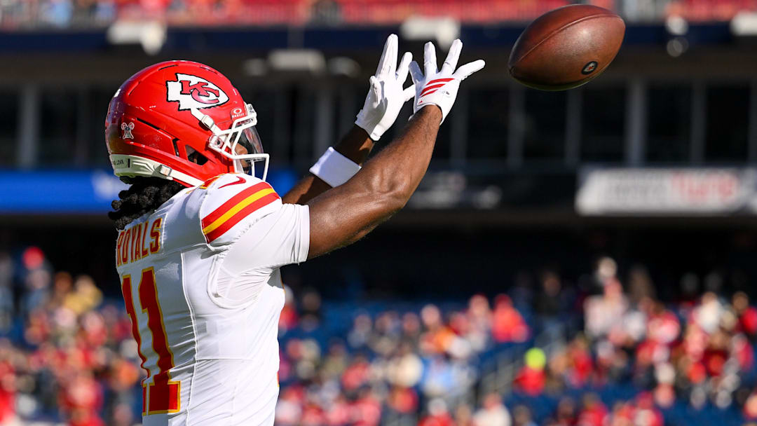 Dec 21, 2025; Nashville, Tennessee, USA;  Kansas City Chiefs wide receiver Jalen Royals (11) makes a catch against the Tennessee Titans during pre-game warmups at Nissan Stadium.
