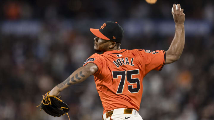 Jul 12, 2024; San Francisco, California, USA; San Francisco Giants closing pitcher Camilo Doval (75) throws against the Minnesota Twins during the ninth inning at Oracle Park.