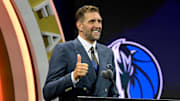 Aug 12, 2023; Springfield, MA, USA;  Dirk Nowitzki gives his speech as he is inducted into the 2023 Basketball Hall of Fame  at Symphony Hall. 