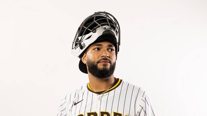 Feb 19, 2025; Peoria, AZ, USA; San Diego Padres catcher Rodolfo Duran poses for a portrait during Media Day at Peoria Sports Complex. Mandatory Credit: Mark J. Rebilas-Imagn Images