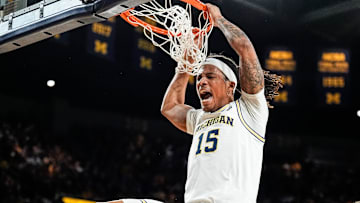 Michigan guard Rubin Jones (15) celebrates a dunk against Purdue during the first half at Crisler Center in Ann Arbor on Tuesday, Feb. 11, 2025.