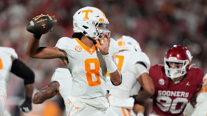 Tennessee Volunteers quarterback Nico Iamaleava (8) drops back to pass during a college football game between the University of Oklahoma Sooners (OU) and the Tennessee Volunteers at Gaylord Family - Oklahoma Memorial Stadium in Norman, Okla., Saturday, Sept. 21, 2024.