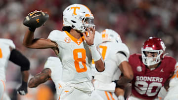 Tennessee Volunteers quarterback Nico Iamaleava (8) drops back to pass during a college football game between the University of Oklahoma Sooners (OU) and the Tennessee Volunteers at Gaylord Family - Oklahoma Memorial Stadium in Norman, Okla., Saturday, Sept. 21, 2024.