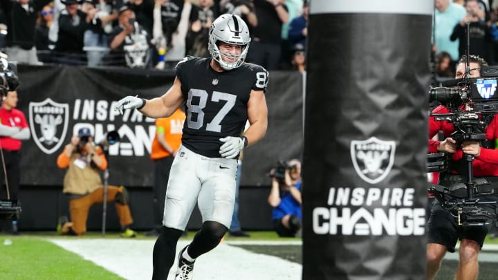 Dec 14, 2023; Paradise, Nevada, USA; Las Vegas Raiders tight end Michael Mayer (87) celebrates after scoring a touchdown in the second quarter against the Los Angeles Chargers at Allegiant Stadium. Mandatory Credit: Stephen R. Sylvanie-USA TODAY Sports