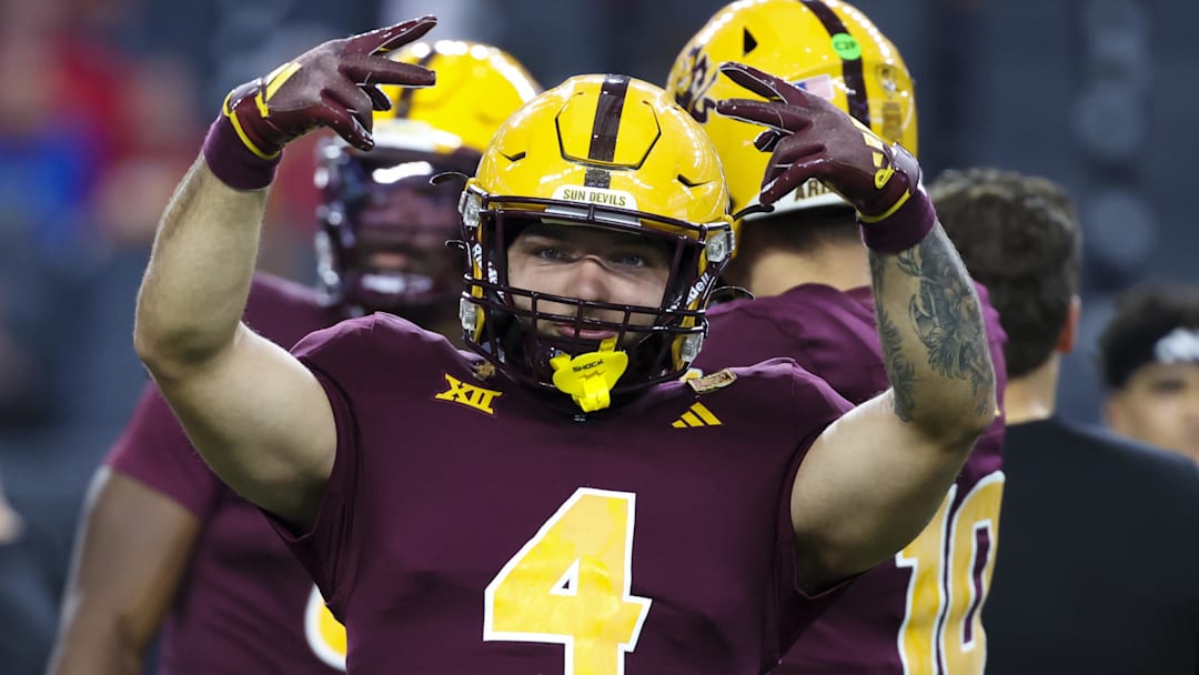 Dec 7, 2024; Arlington, TX, USA;  Arizona State Sun Devils running back Cam Skattebo (4) reacts before the game against the Iowa State Cyclones at AT&T Stadium. Mandatory Credit: Kevin Jairaj-Imagn Images