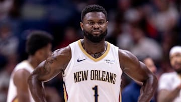 Nov 1, 2024; New Orleans, Louisiana, USA;  New Orleans Pelicans forward Zion Williamson (1) looks on against the Indiana Pacers during the first half at Smoothie King Center. Mandatory Credit: Stephen Lew-Imagn Images