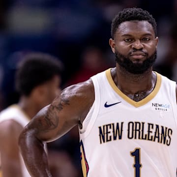 Nov 1, 2024; New Orleans, Louisiana, USA;  New Orleans Pelicans forward Zion Williamson (1) looks on against the Indiana Pacers during the first half at Smoothie King Center. Mandatory Credit: Stephen Lew-Imagn Images