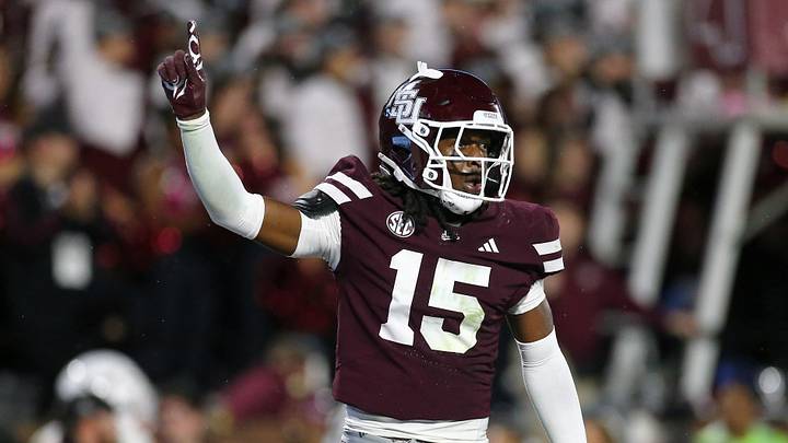 Oct 25, 2025; Starkville, Mississippi, USA; Mississippi State Bulldogs defensive back Jayven Williams (15) reacts during the fourth quarter against the Texas Longhorns at Davis Wade Stadium at Scott Field. Mandatory Credit: Petre Thomas-Imagn Images
