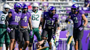 Oct 18, 2025; Fort Worth, Texas, USA; TCU Horned Frogs safety Bud Clark (21) reacts after sacking Baylor Bears quarterback Sawyer Robertson (13) during the second half of a game at Amon G. Carter Stadium. Mandatory Credit: Raymond Carlin III-Imagn Images