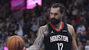 Nov 30, 2025; Salt Lake City, Utah, USA; Houston Rockets center Steven Adams (12) reacts to a foul call for the Utah Jazz during the third quarter at Delta Center. Mandatory Credit: Rob Gray-Imagn Images
