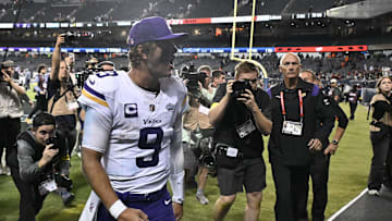 Sep 8, 2025; Chicago, Illinois, USA; Minnesota Vikings quarterback J.J. McCarthy (9) reacts after defeating the Chicago Bears at Soldier Field. Mandatory Credit: Matt Marton-Imagn Images