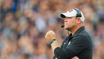 Sep 13, 2024; Kansas City, Kansas, USA; UNLV Rebels head coach Barry Odom looks on during the first half against the Kansas Jayhawks at Children's Mercy Park. Mandatory Credit: Jay Biggerstaff-Imagn Images