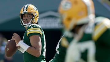 Green Bay Packers quarterback Jordan Love (10) throws a pass to Green Bay Packers wide receiver Romeo Doubs (87) during the first quarter of their game Sunday, September 29, 2024 at Lambeau Field in Green Bay, Wisconsin.