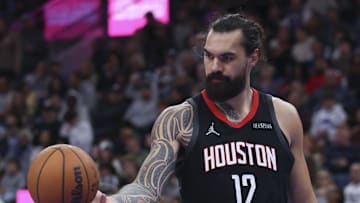Nov 30, 2025; Salt Lake City, Utah, USA; Houston Rockets center Steven Adams (12) reacts to a foul call for the Utah Jazz during the third quarter at Delta Center. Mandatory Credit: Rob Gray-Imagn Images