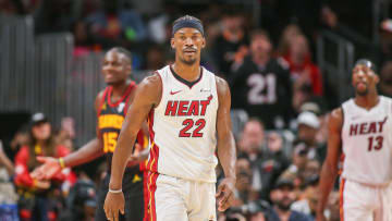 Apr 9, 2024; Atlanta, Georgia, USA; Miami Heat forward Jimmy Butler (22) reacts after a basket-Brett Davis/USA Today