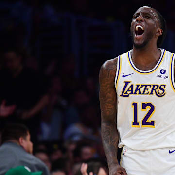  Los Angeles Lakers forward Taurean Prince (12) reacts after scoring a three point basket against the Cleveland Cavaliers in 2023-24.