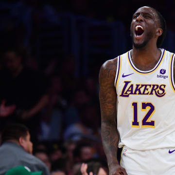 Apr 6, 2024; Los Angeles, California, USA; Los Angeles Lakers forward Taurean Prince (12) reacts after scoring a three point basket against the Cleveland Cavaliers during the first half at Crypto.com Arena. Mandatory Credit: Gary A. Vasquez-USA TODAY Sports
