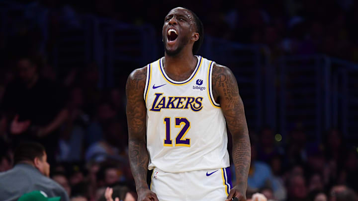  Los Angeles Lakers forward Taurean Prince (12) reacts after scoring a three point basket against the Cleveland Cavaliers in 2023-24.