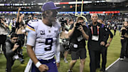Minnesota Vikings quarterback J.J. McCarthy reacts after defeating the Chicago Bears at Soldier Field.
