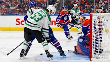 May 27, 2025; Edmonton, Alberta, CAN; Dallas Stars center Wyatt Johnston (53) attempts a shot against Edmonton Oilers goaltender Stuart Skinner (74) during the second period in game four of the Western Conference Final of the 2025 Stanley Cup Playoffs at Rogers Place. Mandatory Credit: Perry Nelson-Imagn Images