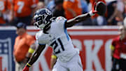 Tennessee Titans cornerback Roger McCreary reacts after an interception against the Denver Broncos.