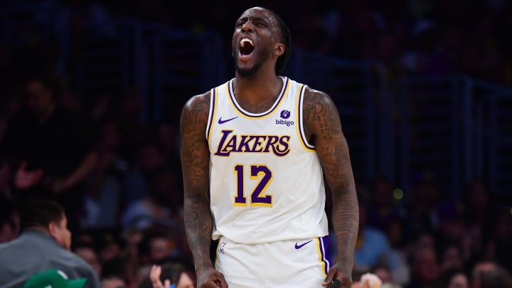 Apr 6, 2024; Los Angeles, California, USA; Los Angeles Lakers forward Taurean Prince (12) reacts after scoring a three point basket against the Cleveland Cavaliers during the first half at Crypto.com Arena.