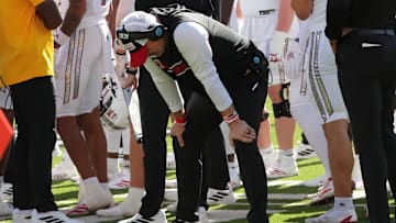 Nov 8, 2025; Lubbock, Texas, USA;  Texas Tech Red Raiders head coach Joey McGuire in the first half during the game against the Brigham Young Cougars at Jones AT&T Stadium. Mandatory Credit: Michael C. Johnson-Imagn Images