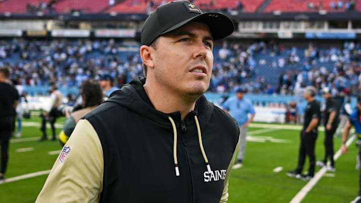 Dec 28, 2025; Nashville, Tennessee, USA; New Orleans Saints head coach Kellen Moore leaves the field against the Tennessee Titans during the second half at Nissan Stadium. Mandatory Credit: Steve Roberts-Imagn Images