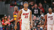 Apr 9, 2024; Atlanta, Georgia, USA; Miami Heat forward Jimmy Butler (22) reacts after a basket against the Atlanta Hawks in the second half at State Farm Arena. Mandatory Credit: Brett Davis-Imagn Images