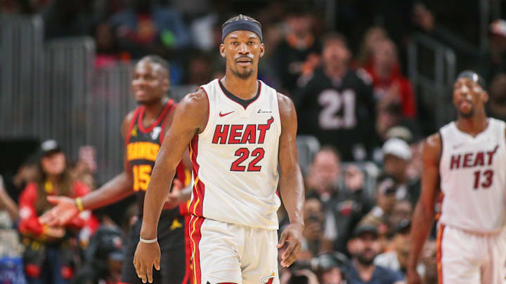 Apr 9, 2024; Atlanta, Georgia, USA; Miami Heat forward Jimmy Butler (22) reacts after a basket against the Atlanta Hawks in the second half at State Farm Arena. Mandatory Credit: Brett Davis-Imagn Images Apr 9, 2024; Atlanta, Georgia, USA; Miami Heat forward Jimmy Butler (22) reacts after a basket against the Atlanta Hawks in the second half at State Farm Arena. Mandatory Credit: Brett Davis-Imagn Images