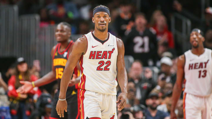 Apr 9, 2024; Atlanta, Georgia, USA; Miami Heat forward Jimmy Butler (22) reacts after a basket against the Atlanta Hawks in the second half at State Farm Arena. Mandatory Credit: Brett Davis-USA TODAY Sports