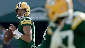 Green Bay Packers quarterback Jordan Love (10) throws a pass to Green Bay Packers wide receiver Romeo Doubs (87) during the first quarter of their game Sunday, September 29, 2024 at Lambeau Field in Green Bay, Wisconsin.