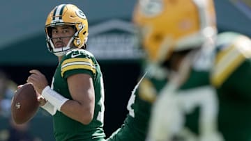 Green Bay Packers quarterback Jordan Love (10) throws a pass to Green Bay Packers wide receiver Romeo Doubs (87) during the first quarter of their game Sunday, September 29, 2024 at Lambeau Field in Green Bay, Wisconsin.
