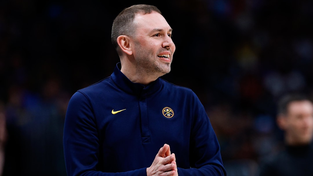 Feb 1, 2026; Denver, Colorado, USA; Denver Nuggets head coach David Adelman reacts in the first quarter against the Oklahoma City Thunder at Ball Arena. Mandatory Credit: Isaiah J. Downing-Imagn Images