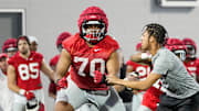 Ohio State Buckeyes offensive lineman Phillip Daniels (70) works out during spring football practice at the Woody Hayes Athletic Center in Columbus on March 17, 2025.