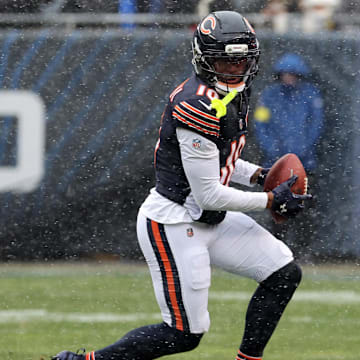 Nov 9, 2025; Chicago, Illinois, USA; Chicago Bears wide receiver Luther Burden III (10) makes a catch against the New York Giants during the second half at Soldier Field. Mandatory Credit: Mike Dinovo-Imagn Images